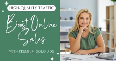 a woman sitting at a desk with a laptop and a text saying premium solo ads