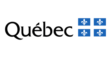 Quebec emblem with bold font and four blue flags with white fleur-de-lis