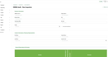 SeedSuite OMMA audit module showing new inspection form and general observations compliance table