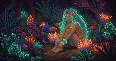Beautiful glowing girl meditating in a garden to chill beats