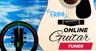 Acoustic guitar with a digital tuner interface for a free online guitar tuner tool.