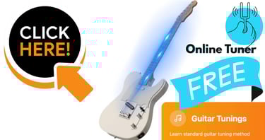 Free online guitar tuner tool with electric guitar illustration and tuning fork icon.