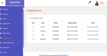 Online Salon Booking System - Customers List