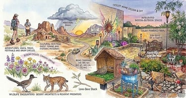 Watercolor rendering of adventurs, wildlife encounters, road trips, and desert home design 
