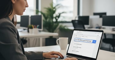 Alt: mulher no escritório usando notebook pesquisa no google sobre curso de libras para empresas