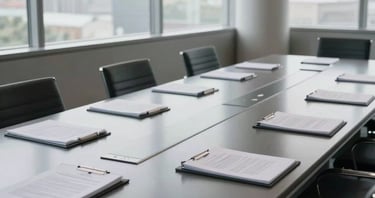 Wide environmental shot of an empty boardroom conference table, slightly elevated angle implying oversight, even studio daylight through floor-to-ceiling windows, legal briefing folders closed at the far end of the table, no people present, steel-grey interior palette