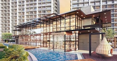 a large swimming pool with a wooden deck and a wooden deck