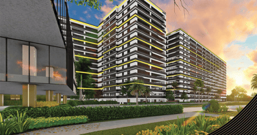 Modern luxury apartment building facade with a black and white striped exterior at sunset.