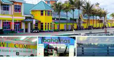 Autora em Nassau, Bahamas, com cores e paisagens da cidade e navios de cruzeiros ao fundo
