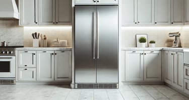 a kitchen with a refrigerator and freezer