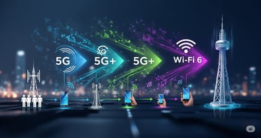 uma cena de rua da cidade com muitos tipos diferentes de dispositivos sem fio