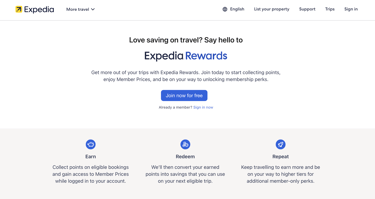 Expedia Rewards landing page