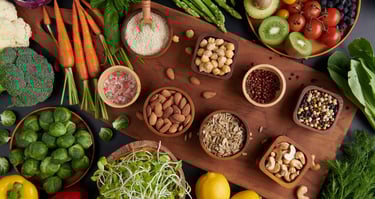 Fiber rich food items on a large countertop
