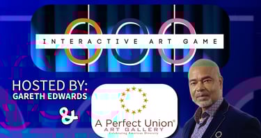 Interactive Art Game flyer featuring Gareth Edwards and A Perfect Union Art Gallery logo.