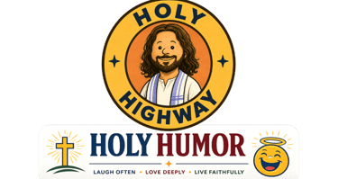 The Catholic Roads logo encouraging others that humor is the gateway to holiness.