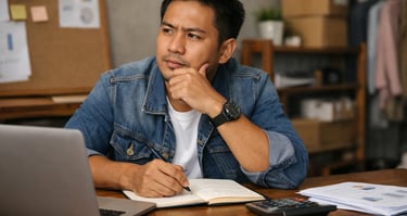 seorang pria tampan berpikir diatas meja ilustrasi indomora.com