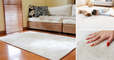 日本絨氈のタイルカーペット「rug-cocochi」をリビングに敷いた使用イメージと、子どもや犬が床に横になる様子のPR画像|堺市のニュースならサカイタイムズ