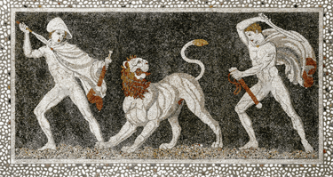 Ψηφιδωτό που παριστά κυνήγι λιονταριού απ' το μουσείο της Πέλλας.