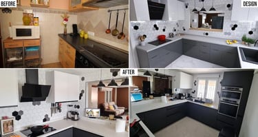 Kitchen before, design concept and after villa reform in La Marina, showing new dark cabinetry