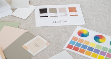 a bunch of color swatches and on a carpet