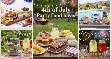 4th of July party food spread with burgers, hot dogs,