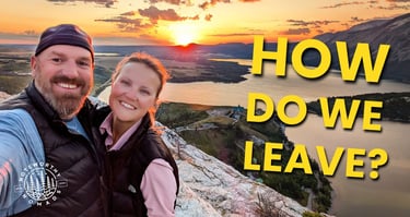 Sunrise on Bear’s Hump with Ben and Anna and “How Do We Leave?” text overlay.