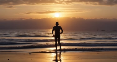 Silhouette of a man standing on a calm beach at sunrise with golden reflections on the water.