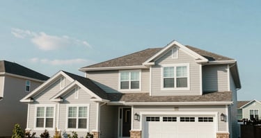 A wide-angle shot of modern American suburban homes with clean lines and large windows. The lighting is bright and clear, emphasizing a trustworthy and safe neighborhood feel.