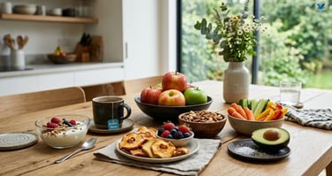 Healthy snacks including fresh fruits, yogurt, nuts, and naturally dehydrated fruits arranged on a w