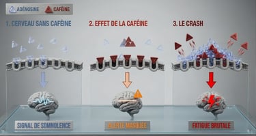 Schéma montrant l'effet de la caféine sur le cerveau