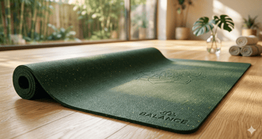 Close em tapete de yoga premium de borracha natural texturizada e juta sobre piso de madeira sunlit.