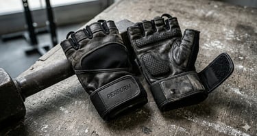 Close em par de luvas de musculação pretas com textura antiderrapante e wrist strap em academia