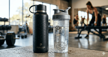 Garrafa térmica preta e shaker translúcido com gotas de água em ambiente de academia.
