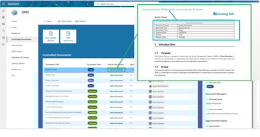 SharePoint QMS controlled documents library with versioning and approval workflows