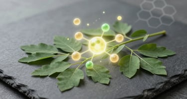Moringa leaves with abstract visualization of antioxidant compounds and cellular health