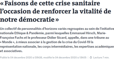 Faisons de cette crise sanitaire l’occasion de renforcer la vitalité de notre démocratie Le Monde