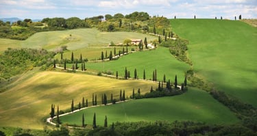 Paisagem típica da Toscana com colinas verdes e ciprestes