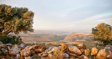 Vista panorâmica da Galileia com suas colinas e campos extensos ao entardecer.