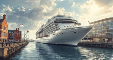 Imagem gerada por IA mostrando um navio de cruzeiro atracado no porto de Southampton