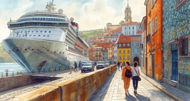 Imagem gerada por IA mostrando passageiros caminhando próximo a um navio no porto do Porto