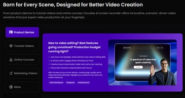 Screenshot showing FocuSee’s interface with multiple use cases or the “Born for Every Scene” section