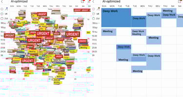 A split-screen shows a chaotic calendar on the left & the other, an organized, AI-optimized calendar