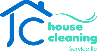 JC House Cleaning Service LLC logo featuring blue and teal text with a house roof icon.
