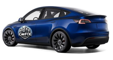 Blue tesla model y performance with canfix appliane repair logo on it