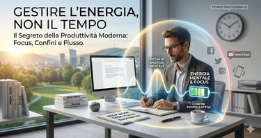 Professional working in a productive environment with focus on energy management and deep work concepts.