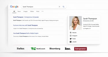 Google search results for entrepreneur Sarah Thompson showing her professional profile and media features.