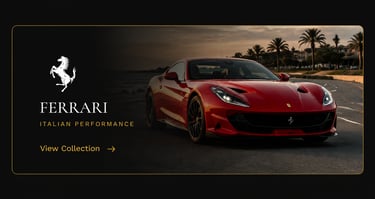 Red Ferrari sports car on a coastal road at sunset with Italian Performance branding.