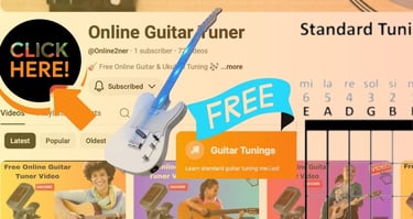 Screenshot of an online guitar tuner channel with video tutorials for standard tuning.