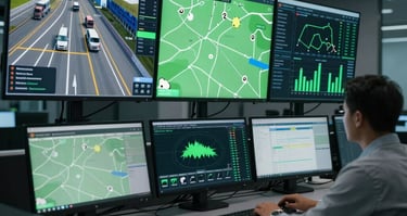Trader analyzing stock market charts on multiple screens.