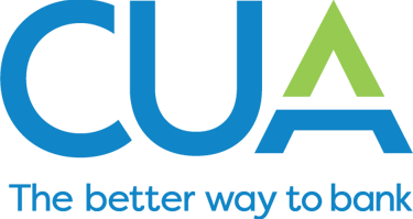 CUA logo featuring blue and green letters with the slogan The better way to bank on a black background.